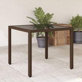Patio Table with Glass Top Brown 35.4"x35.4"x29.5" Poly Rattan