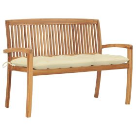 Stacking Patio Bench with Cushion 50.6" Solid Teak Wood (Color: Cream)